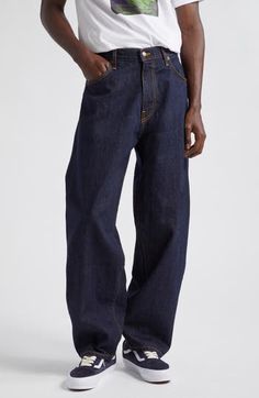 A stovepipe silhouette brings trend-savvy appeal to these jeans crafted from nonstretch Japanese selvedge denim and finished with contrast topstitching. 33" inseam; 19" leg opening; 13 1/2" front rise; 17 1/2" back rise (size 36) Zip fly with button closure Five-pocket style 100% cotton Machine wash, tumble dry Made in the USA Designer Clothing Japanese Denim Jeans, Tshepo Jeans, Shoes For Jeans, Japanese Jeans, European Mens Fashion, European Fall, Summer Thrift, Stovepipe Jeans, Contrast Topstitching