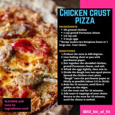 an advertisement for a chicken crust pizza with ingredients and instructions to make it look delicious