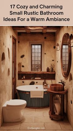 a bathroom with a tub, toilet and sink in it that is featured in the magazine cozy and charming small rustic bathroom ideas for a warm ambiance