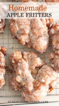 homemade apple fritters on a cooling rack with the words, homemade apple fritters