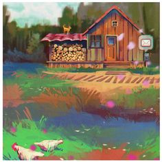 a painting of a log cabin with a dog laying in the grass next to it