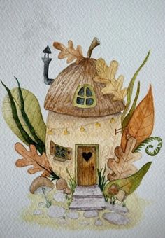 a drawing of a small house with leaves around it