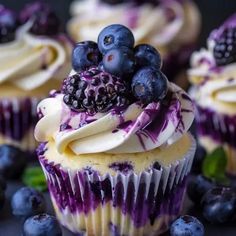 blueberry cupcakes with cream cheese frosting and fresh berries on the top