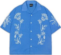 Oversized Blue Embroidered Top, Blue Embroidered Collared Shirt, Casual Blue Embroidered Shirt, Blue Embroidered Short Sleeve Shirt, Blue Shirt With Floral Embroidery And Relaxed Fit, Blue Floral Embroidery Shirt With Relaxed Fit, Light Blue Embroidered Casual Shirt, Casual Light Blue Embroidered Shirt, Blue Floral Embroidered Shirt With Relaxed Fit