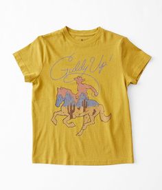 Girls - Goodie Two Sleeves Giddy Up T-Shirt - Yellow Small Goldenyellow Distressed graphic t-shirt Body length 20 on size medium. 100% Cotton. Machine wash cold with like colors. Non-chlorine bleach when needed. Tumble dry low. Low iron if needed. Do not iron decoration.. GIRLS' TOP SIZE CONVERSION CHART Top Sizes XXS XS S M L XL Girls' Sizes 5 6-7 8 10 12 14-16 Chest 25-25 1/2 26-26 1/2 27-27 1/2 28-28 1/2 29-29 1/2 30-30 1/2 *Conversion sizes may vary. Measurements based on size medium. Appare Relaxed Fit Yellow T-shirt With Front Print, Yellow Short Sleeve T-shirt With Screen Print, Mustard Short Sleeve T-shirt With Graphic Print, Yellow T-shirt With Front Print, Yellow Short Sleeve T-shirt With Front Print, Yellow Graphic Cotton T-shirt, Yellow Cotton T-shirt With Graphic Print, Gold Graphic Print Short Sleeve Top, Gold Short Sleeve Tops With Graphic Print