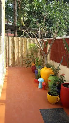 there are many potted plants on the outside of this house's balcony area