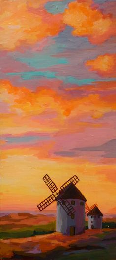 an oil painting of a windmill in the sunset