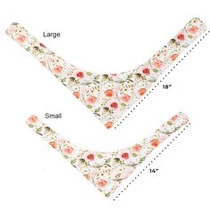 two pieces of fabric with flowers and leaves on them, one has the measurements for each piece