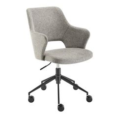 a gray office chair with wheels and casteors on an isolated white background, viewed from the front