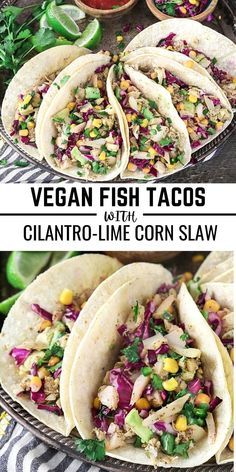 two pictures showing different types of tacos with text overlay that says vegan fish tacos