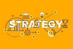 the word strategy surrounded by icons and symbols on an orange background with white lettering that reads,