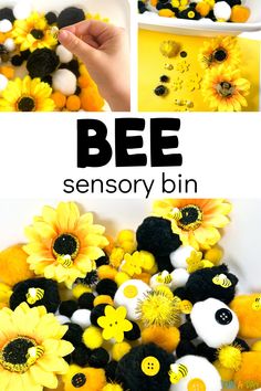 a bunch of fake sunflowers and bees are shown with the words bee sensory bin