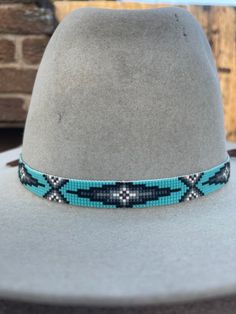 Beaded Hatband in Black Grey Cream Currant and Turquoise on - Etsy Beaded Hatbands Native American, Beaded Hat Brims, Blue Beaded Hat Bands For Festival, Handmade Southwestern Blue Hat Band, Adjustable Beaded Blue Hat, Adjustable Blue Beaded Hat, Blue Bohemian Beaded Hat, Bohemian Blue Beaded Hat, Handmade Turquoise Bohemian Hat Band