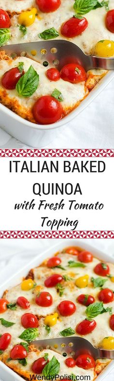 an italian baked quinoa with fresh tomatoes and basil is shown in two separate pans