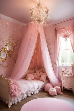 Turn your little girl’s room into a magical fairytale retreat. Think pastel pinks, canopy beds, golden accents, and delicate fairy lights. Add elegant wallpaper with floral or castle-themed designs for a storybook atmosphere. Explore our chic princess bedroom decor ideas that will have her feeling like royalty every day! #fashion #recipe #aesthetic #ideas #garden #home #homemade #design #art #wall #bathroom #cozy #table #diy #style #wall #vintage #1 Girly Pink Bedroom Princesses, Girly Room Ideas For Kids, Girls Princess Bedroom Ideas, Daughter Room Ideas, Vintage Princess Aesthetic Bedroom, Bathroom Cozy, Princess Bedroom Decor, Pink Girls Room, Cozy Table