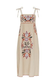 Crafted from mid-weight cotton, our Furla embroidered midi dress is beach ready with floral embroidery. Tie straps at the shoulder and smocked panel at the back. Lovely for day or evening. Crafted in 100% cotton  Made in India  Machine Wash Casual Midi Dresses, Clothing Embroidery, Boho Womens Clothing, Contemporary Clothes, Embroidered Midi Dress, Jacquard Dress, Cotton Midi Dress, Beach Ready, Style Summer