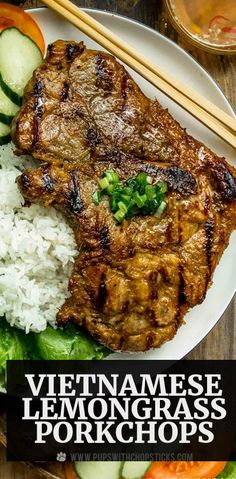 vietnamese lemongrass pork chops with rice and cucumbers on a plate next to vegetables