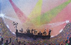 a painting of people on top of a boat in front of a crowd with colored lights