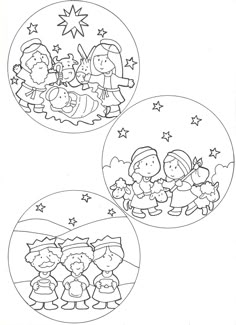 three christmas ornament coloring pages with the nativity scene in black and white