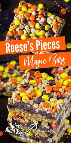 These Reese's Pieces Magic Bars are Quick and Easy and Super fun for a Halloween Treat! Reese Pieces Magic Bars, Brownies With Reeses Pieces, Reeses Dessert Bars, Desserts With Reeses Pieces, Reeses Pieces Bars, Reeses Cookie Bars, Halloween Magic Cookie Bars, Halloween Bars And Cookies