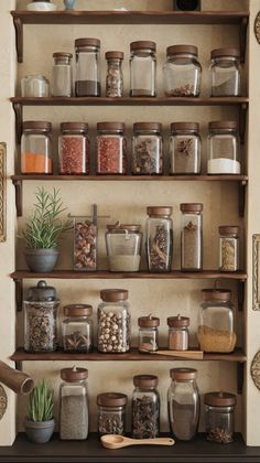 a shelf filled with lots of different types of spices