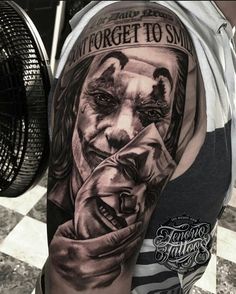 Dont Forget To Smile Joker Tattoo, Villain Tattoo Ideas For Men, Two Face Tattoo Men, Joker Two Face Tattoo, Joker Tatoos Ideas, Joker Forearm Tattoo, Joker Mask Tattoo, The Joker Tattoo Ideas, Joker Back Tattoo