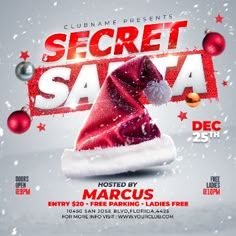 the secret santa flyer is shown with red and white christmas hats on top of it