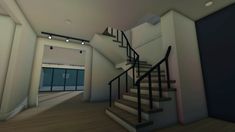 an empty room with stairs and lights on the ceiling is seen in this image, it appears to be 3d rendering