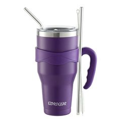 the purple cup has two straws in it