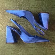 Brand New With Box Blue Padded Heel Slingback Pumps For Evening, Blue Slingback Pumps With 4-inch Heel For Evening, Blue High Heel Slingback Pumps For Evening, Chic Blue Slingback Pumps With Padded Heel, Blue Pointed Toe Slingback Pumps For Party, Blue Ankle Strap Slingback Pumps With 4-inch Heel, Chic Blue Slingback Pumps For Party, Chic Blue Slingback Pumps With Block Heel, Blue Ankle Strap Slingback Pumps With Padded Heel