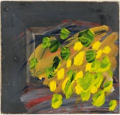 a painting of yellow flowers in a black frame