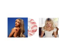 two pictures of women with different hair styles and colors, one is blonde the other has red lipstick