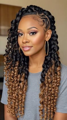 Braids Hairstyles with Curl Braided Hairstyles Crochet, Crochet Braid Styles Curls, Easy Hairstyles For Black Women, Adult Hairstyles, Braids Hairstyles With Curls, Holiday Braids, Hairstyles With Curls, Straight Back Braids, Natural Braided Hairstyles