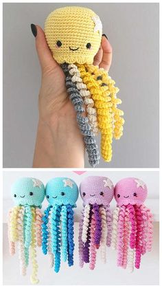 crocheted jelly fish amigurt toys are shown in different colors and sizes