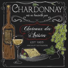 a chalkboard sign advertising chardonnay with cheese and wine on the plate next to it