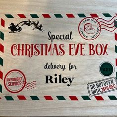 a christmas eve box with stamps on it