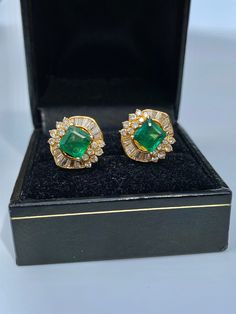 "Pacific Jewelry Presents, Vintage natural Colombian Emeralds, featuring two exquisite square cut Emeralds weighing approx. 1.70 carats (total) and adorned with lively colorless natural diamonds. Diamonds are an assortment of baguette and round cut, approx. 1.35 carats (total). These beautiful earrings are mounted in 18k yellow gold, and have a safe push back closure made in 14k gold for extra strength and durability. The Emeralds are of the highest quality and are untreated. The deep \"muzo gre Emerald Diamond Earrings For Formal Events, Formal Emerald Diamond Earrings, Gia Certified Classic Evening Jewelry, Luxury Emerald Earrings In Emerald Cut, Gia Certified Emerald Earrings For Formal Occasions, Gia Certified Fine Jewelry Earrings For Formal Occasions, Luxury Emerald Cut Diamond Earrings For Formal Occasions, Luxury Emerald-cut Diamond Earrings For Formal Occasions, Luxury Rectangular Gemstone Earrings