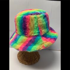 New Bucket Hat. Polyester Acrylic Fleece String Inside To Adjust Size. So Cute. I Grabbed One. Only One Left. Fun Multicolor Short Brim Bucket Hat, Playful Multicolor Bucket Hat With Curved Brim, Handmade Multicolor Fun Bucket Hat, Rainbow Bucket Hat, Playful Multicolor Bucket Hat, Multicolor Festival Bucket Hat, One Size, Blue Bucket Hat, Rainbow Plush, Leather Baseball Cap