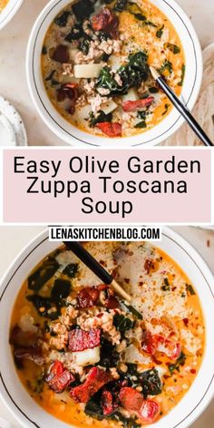 two bowls of easy olive garden zupa toscana soup