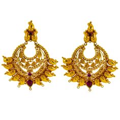 Discover the essence of luxury with this 22k yellow gold and ruby necklace and Chandbali earring set from Virani Jewelers. This divine jewelry set, a testament to traditional Indian jewelry, features artistic craftsmanship, rubies, and a radiant gold finish. Perfect for enhancing your ensemble with a touch of elegance, this one of a kind 22k yellow gold jewelry set offers a stylish appeal that resonates with those who appreciate the finer things in life. Ideal for adding a sophisticated touch to Yellow Gold Chandbali Temple Necklace, Ruby Temple Necklace, 22k Gold Chandbali Jewelry In Yellow Gold, 22k Yellow Gold Chandbali Jewelry, 22k Gold Chandbali Jewelry For Puja, 22k Gold Chandbali For Puja, Ceremonial Yellow Gold Chandbali Jewelry, Traditional Ruby Jewelry With Intricate Design, Ruby Temple Jewelry With Intricate Design