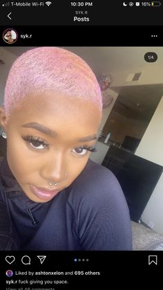 Rose Gold Short Hair Black Woman, Light Pink Short Hair Black Women, Pink Short Natural Hair, Pastel Pink Hair Black Women, Short Pink Hair Black Women, Pink Buzzcut Men, Pink Pixie Cut Black Women, Pink Twa, Brush Cut For Black Women