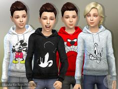 three young children wearing mickey mouse hoodies and sweatshirts, all in different colors