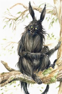 a drawing of a black furry animal sitting on a tree branch