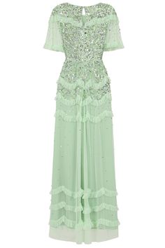 A dress fit for a fairy tale, Lydia is now available in aqua green! Shimmering with tonal sequin embellishment, this maxi length gown is complete with gently flaring sleeves and ruffled trim. Maxi Green Dress, Uzun Boy, Medieval Dresses, Dress Reference, Summer Gowns, Amelia Rose, Frock And Frill, Embellished Midi Dress, Dresses Date Night