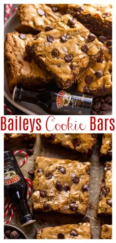 bailey's cookie bars with chocolate chips and candy canes on the side, one is