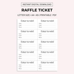 the printable raffle ticket is shown in black and white, with text that reads instant