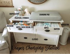 a diaper changing table with drawers labeled