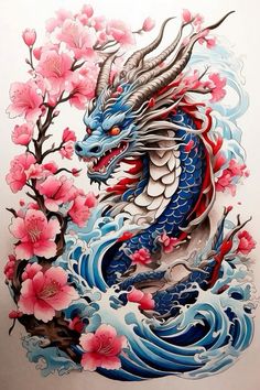 a drawing of a dragon with flowers on it