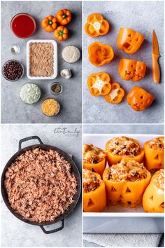 four different pictures with pumpkins and rice in them, including an eggplant stuffed into jack - o'- lanterns