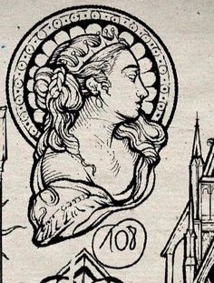 an old drawing of a woman with long hair and a crown on her head in front of a church